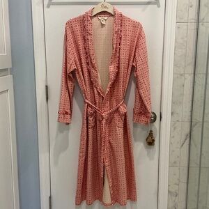 VTG Sundance Catalog Red Cream Geometric Print Ruffled Trim Cotton Robe Small